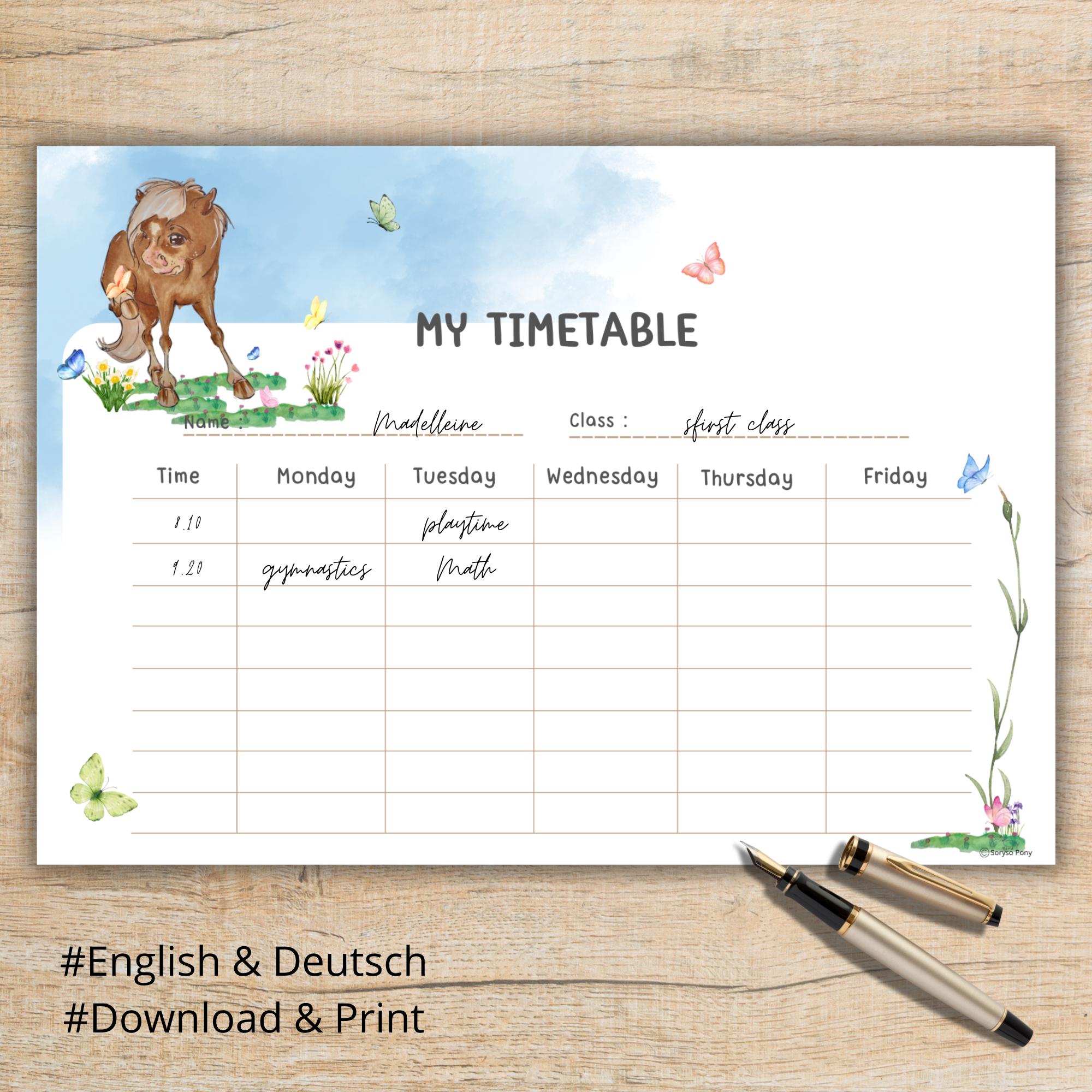 Pitural Timetable Timetable, Horse Picture, Timetable for the Start of School, for ...