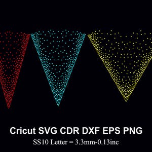 May include: Three cone-shaped designs in red, blue, and yellow. Each cone is made up of small dots that create a gradient effect. The text "Cricut SVG CDR DXF EPS PNG" and "SS10 Letter = 3.3mm-0.13inc" is below the cones.