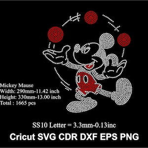 Könnte beinhalten: Schwarze Grafik von Mickey Mouse, der mit drei roten Bällen jongliert, erstellt mit weißen Punkten. Das Bild enthält den Text "Mickey Mause", Abmessungen in mm und Dateitypoptionen: SVG, CDR, DXF, EPS und PNG.