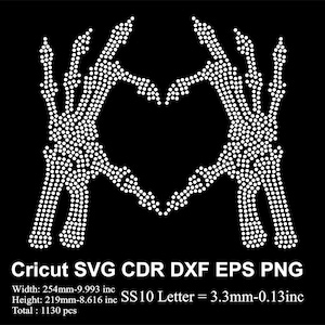 Skelet Hand hart Strass sjabloon SS10 grootte hart skelet Hand Strass Halloween schedel ontwerp voor Cricut Svg Eps Cdr Dxf