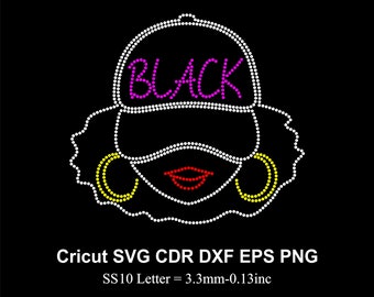 Svart kvinna strass mall SS10 storlek Afro flicka design strass svg för Cricut svg dxf eps cdr png