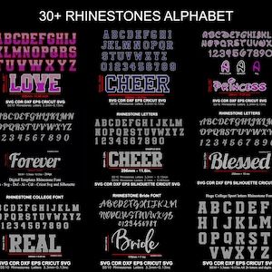 May include: A digital design sheet featuring 30+ rhinestone alphabet designs. The sheet includes uppercase letters, numbers, and words like "Love", "Cheer", "Forever", "Princess", "Blessed", "Real", and "Bride". The designs are in various colors, including pink, purple, blue, and gray.