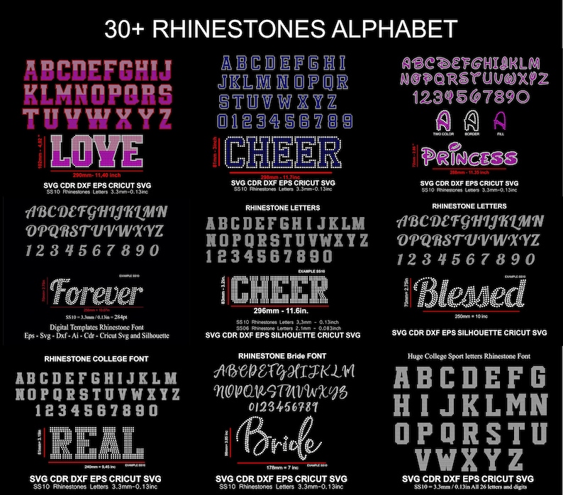 May include: A digital design sheet featuring 30+ rhinestone alphabet designs. The sheet includes uppercase letters, numbers, and words like "Love", "Cheer", "Forever", "Princess", "Blessed", "Real", and "Bride". The designs are in various colors, including pink, purple, blue, and gray.