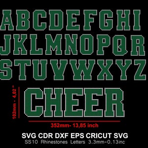 Fuente de diamantes de imitación CHEER, alfabeto universitario, letras deportivas de la universidad SS10, fuente de diamantes de imitación para Cricut Svg Cdr Dxf, 2 colores, 4 pulgadas