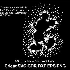 Könnte beinhalten: Schwarze Grafik von Mickey Mouse aus weißen Punkten, mit Text, der Abmessungen und Dateitypen angibt. Das Design ist 200 mm breit und 265 mm hoch. Der Text enthält "Cricut SVG CDR DXF EPS PNG".