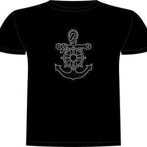 May include: Black t-shirt with a white nautical design. The design features an anchor, ship's wheel, and rope, all created with small dots. The shirt has short sleeves and a crew neck.