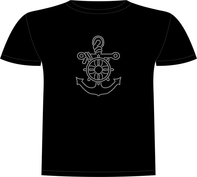 May include: Black t-shirt with a white nautical design. The design features an anchor, ship's wheel, and rope, all created with small dots. The shirt has short sleeves and a crew neck.
