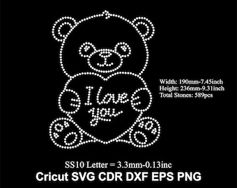 Teddy Bear Love Rhinestone Template SS10 size Teddy Bear Rhinestone Bear Love Design Svg for Cricut Svg Dxf Eps Cdr Png