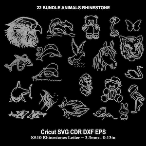 May include: A set of 22 rhinestone animal designs for crafting projects. The designs include a bear, a horse, a tiger, a swan, a flamingo, a butterfly, a dolphin, a bird, a shark, and more. The designs are made with SS10 rhinestones, which are 3.3mm in size.