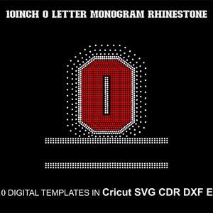 May include: A 10-inch red rhinestone letter O monogram design. The letter is outlined in white rhinestones. The design is perfect for creating custom apparel, accessories, or home decor.