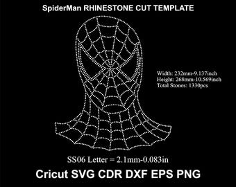 May include: A white rhinestone cut template of Spider-Man's mask on a black background. The design includes the text "SpiderMan RHINESTONE CUT TEMPLATE". The mask is 9.137 inches wide and 10.569 inches high, with 1330 stones.