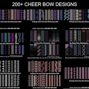 May include: A digital download of 200+ cheer bow designs in SVG, DXF, EPS, and CDR formats. The designs feature various patterns and styles, including rhinestones, two-color designs, and different sizes. The designs are perfect for creating cheer bows, hair bows, and other crafts.