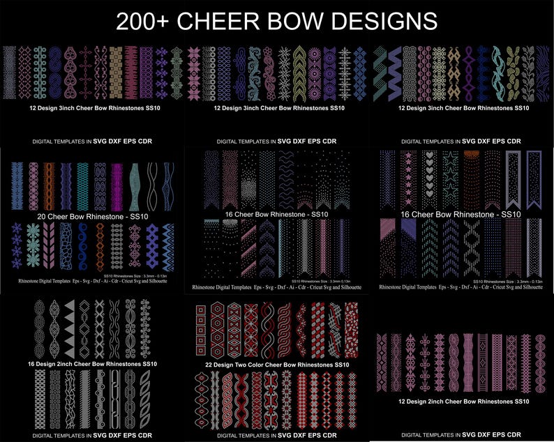 May include: A digital download of 200+ cheer bow designs in SVG, DXF, EPS, and CDR formats. The designs feature various patterns and styles, including rhinestones, two-color designs, and different sizes. The designs are perfect for creating cheer bows, hair bows, and other crafts.