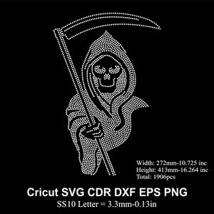 May include: A white rhinestone design of the Grim Reaper holding a scythe. The design is 10.725 inches wide and 16.264 inches tall and is made up of 1906 rhinestones. The text "Cricut SVG CDR DXF EPS PNG" and "SS10 Letter = 3.3mm-0.13in" is also included in the image.