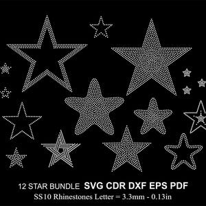 May include: A set of 12 star-shaped rhinestone designs in various sizes. The designs are perfect for crafting projects, clothing embellishments, or home decor. The text "12 STAR BUNDLE SVG CDR DXF EPS PDF SS10 Rhinestones Letter = 3.3mm - 0.13in" is at the bottom of the image.