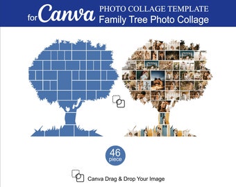 Plantillas de collage de fotos de árbol genealógico de Canva, 46 piezas en Canva editable para un collage de fotos, cumpleaños, aniversarios, historias, regalo para collage