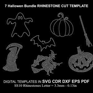 May include: Seven Halloween themed rhinestone cut templates for crafting. The designs include a ghost, bat, pumpkin, witch's hat, broom, and two pumpkins with jack-o-lantern faces. The templates are designed for SS10 rhinestones, which are 3.3 mm or 0.13 inches in size.
