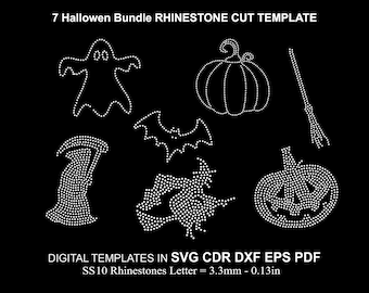 Paquete de 7 plantillas de corte de diamantes de imitación de Halloween con diseños aleatorios SS10 para Halloween, fantasma, calabaza, bruja, diamantes de imitación para Cricut, SVG, CDR, EPS, DXF