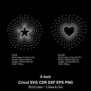Scatter Heart and Star Rhinestone Template SS10 size Star Scatter Heart Design Rhinestone Svg for Cricut Svg Dxf Eps Cdr Png