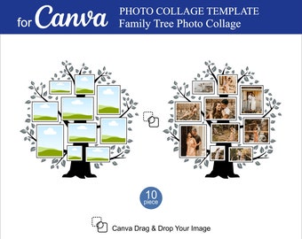 Collage de fotos de árbol genealógico para Canva con 10 plantillas de árbol genealógico, relleno de fotos, collage de fotos familiar editable.