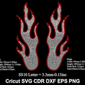 May include: Two symmetrical flame designs, each outlined in red and filled with white dots, are set against a black background. The text at the bottom reads "Cricut SVG CDR DXF EPS PNG". The flames are 3.89 inches wide and 11.734 inches high.