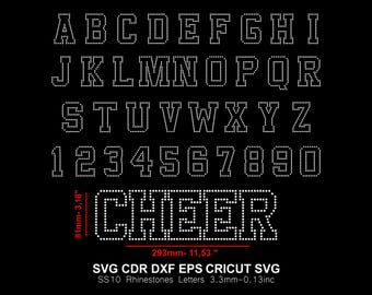 Fonte com contorno de strass CHEER College Alphabet Varsity Sport Letters SS10 Fonte com strass para Cricut SVG CDR DXF