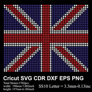Puede incluir: Una representación digital de la bandera del Reino Unido, creada con un patrón de puntos rojos, blancos y azules sobre un fondo negro. La bandera mide aproximadamente 198 mm de ancho y 157 mm de alto. El diseño está disponible en formatos Cricut SVG, CDR, DXF, EPS y PNG.