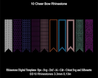 May include: Ten different designs for cheer bow rhinestones. The designs are made with white, purple, blue, orange, pink, and green rhinestones. The rhinestones are 3.3 mm in size. The designs are for use with digital cutting machines.