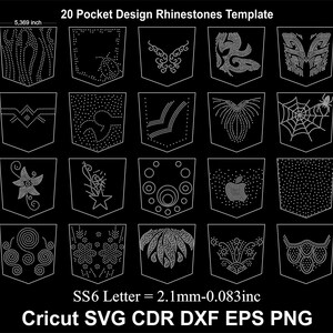 May include: A black template with 20 pocket designs for rhinestones. Each pocket design is a different shape, including a star, apple, and spiderweb. The text reads "20 Pocket Design Rhinestones Template". The dimensions are 5.369 inches by 5.591 inches.