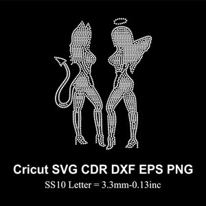 Anioł Diabeł Dziewczyna Rhinestone Kobieta Szablon SS10 rozmiar Dziewczyna Projekt Rhinestone Svg dla Cricut Svg Dxf Eps Cdr Png