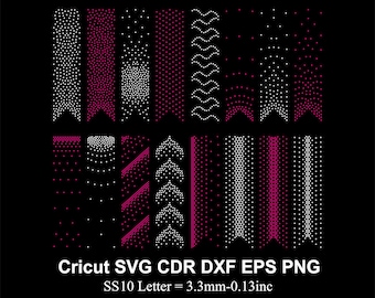 May include: A digital design graphic with various patterns of white and magenta dots on a black background. The designs include banners, zigzags, and geometric shapes. Text at the bottom reads "Cricut SVG CDR DXF EPS PNG" and "SS10 Letter = 3.3mm-0.13inc."