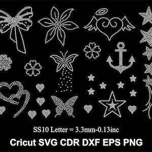 Könnte beinhalten: Eine Sammlung von Strass-Designs auf schwarzem Hintergrund. Designs umfassen eine Schleife, Blume, Herz mit Flügeln, Anker, Sterne, Schmetterlinge und Herzen. Der Text unten lautet "SS10 Letter = 3,3 mm-0,13 Zoll" und "Cricut SVG CDR DXF EPS PNG".