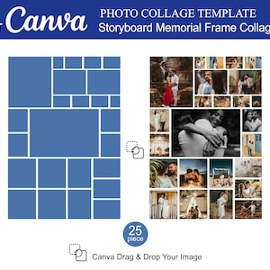 Puede incluir: Una plantilla de collage de fotos con 25 cuadrados para imágenes. La plantilla está diseñada para un collage de marco conmemorativo de guion gráfico. El texto "Canva Drag & Drop Your Image" está en la parte inferior de la plantilla.