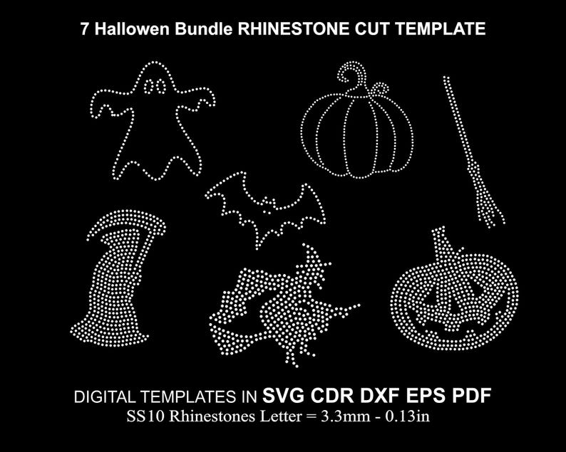 May include: A set of 7 Halloween themed rhinestone cut templates for crafting. The templates include a ghost, bat, pumpkin, witch's hat, broom, and two different pumpkin designs. The templates are designed for use with SS10 rhinestones, which are 3.3mm in size.