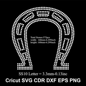 Puede incluir: Un diseño de herradura blanca sobre fondo negro, compuesto por numerosos puntos pequeños. La imagen incluye texto que indica el número total de piedras, dimensiones de 160 mm y formatos de archivo: Cricut SVG CDR DXF EPS PNG.