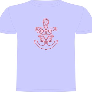May include: A pale blue t-shirt with a red anchor design. The anchor is made up of a dotted outline, incorporating a ship's wheel and rope. The shirt has short sleeves and a crew neck.