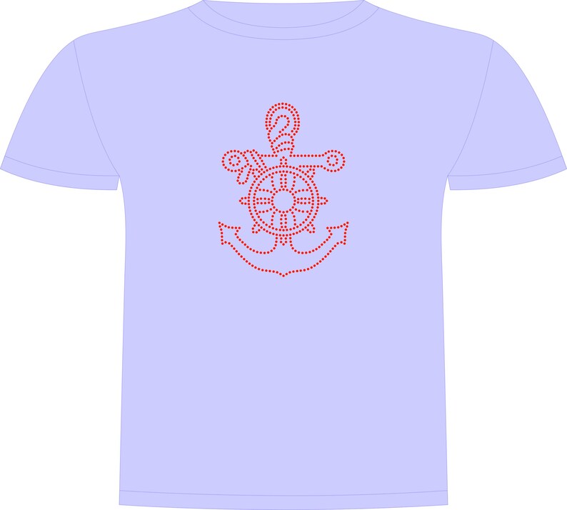 May include: A pale blue t-shirt with a red anchor design. The anchor is made up of a dotted outline, incorporating a ship's wheel and rope. The shirt has short sleeves and a crew neck.