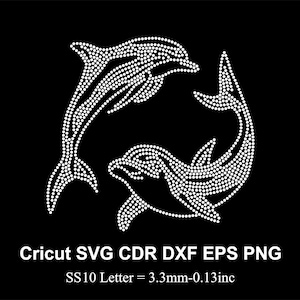 May include: A white silhouette of two dolphins jumping out of the water, created with a pattern of small white dots. The image includes the text "Cricut SVG CDR DXF EPS PNG" and "SS10 Letter = 3.3mm-0.13inc".
