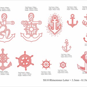 May include: A selection of red rhinestone nautical designs, including anchors and ship wheels. The largest design is approximately 240mm in height. The image includes text indicating the rhinestone size as 3.3mm - 0.13in. Various designs are shown, including anchors and ship wheels.