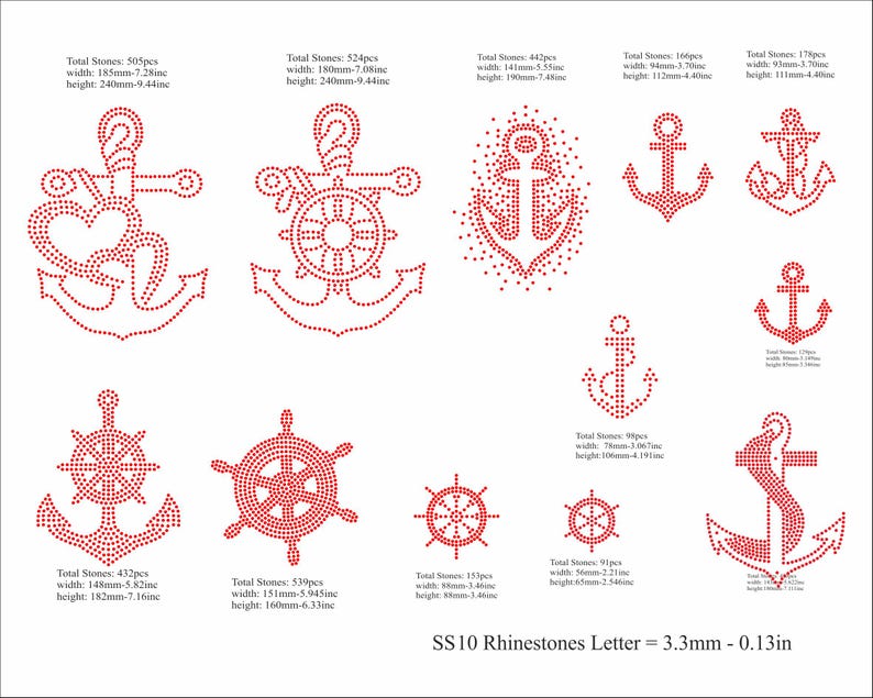 May include: A selection of red rhinestone nautical designs, including anchors and ship wheels. The largest design is approximately 240mm in height. The image includes text indicating the rhinestone size as 3.3mm - 0.13in. Various designs are shown, including anchors and ship wheels.