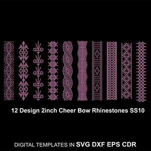 12 modèle de strass Cheer Bow 2 pouces de ruban strass SS10 queue de ruban strass ligne Svg Eps Dxf Cdr pour Cricut BUNDLE09