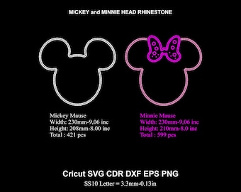 Rhinestone Mickey and Minnie Head Rhinestone Template Mause Head Rhinestone SS10 Size for Cricut Svg Dxf Cdr Eps Png