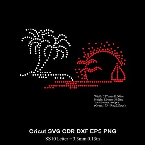 May include: Black background with a beach scene design made of white and red dots. The design includes a palm tree, a setting sun, and a sailboat. Text at the bottom reads "Cricut SVG CDR DXF EPS PNG".