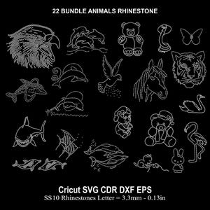 May include: A set of 22 rhinestone animal designs for crafting projects. The designs include a variety of animals, such as a bear, a tiger, a swan, a dolphin, a flamingo, a horse, a butterfly, and an eagle. The designs are perfect for adding a touch of sparkle to any project.