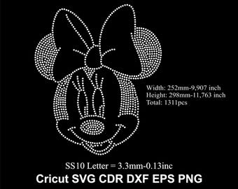 May include: A white rhinestone design of Minnie Mouse on a black background. The design includes a bow, ears, and face, all made of small, sparkling dots. The image also includes text indicating the design's dimensions and file types: Cricut SVG CDR DXF EPS PNG.