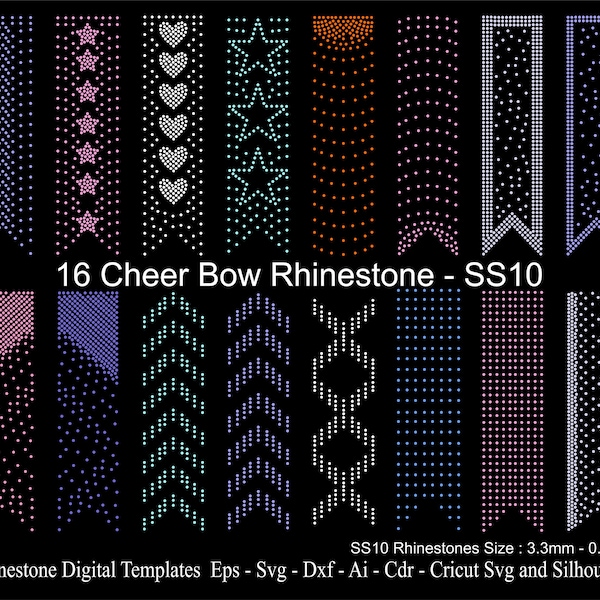 16 Cheer Bow Strass Modèle 3 pouces Ruban Strass SS10 Ruban Queue Strass Ligne Svg Eps Dxf Cdr pour Cricut BUNDLE13