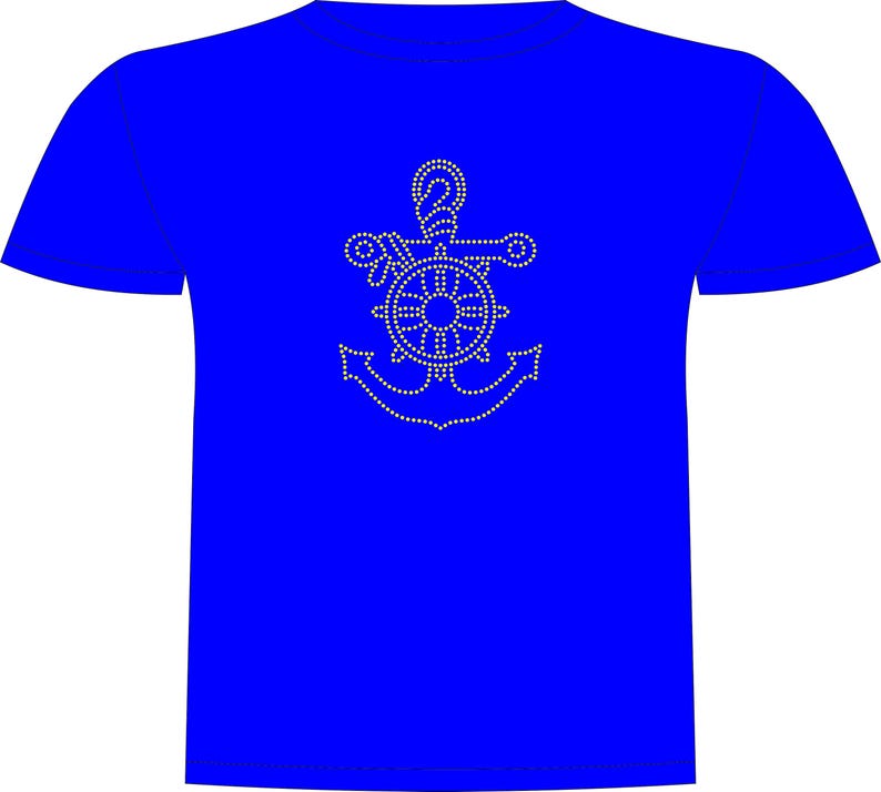May include: A royal blue t-shirt with a white rhinestone design of a nautical anchor, ship's wheel, and rope. The design is centered on the front. The t-shirt has short sleeves and a crew neck.