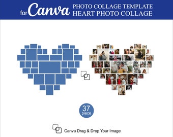 Może przedstawiać: Niebieski szablon kolażu zdjęć w kształcie serca z 37 kwadratami na zdjęcia. Tekst "for Canva" i "PHOTO COLLAGE TEMPLATE HEART PHOTO COLLAGE" znajduje się w górnej części obrazu. Tekst "Canva Drag & Drop Your Image" znajduje się w dolnej części obrazu.