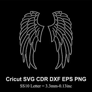 Puede incluir: Diseño de alas de ángel blancas sobre fondo negro. Las alas están formadas por pequeños puntos blancos, creando un efecto de plumas detallado. La imagen incluye el texto "Cricut SVG CDR DXF EPS PNG" y "SS10 Letter = 3.3mm-0.13inc".