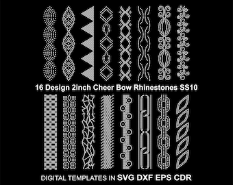 Op de afbeelding: 16 ontwerpen voor 5 cm cheer bow-strasssteentjes. De ontwerpen zijn gemaakt van witte strasssteentjes en zijn gerangschikt in verticale rijen. De ontwerpen omvatten geometrische vormen, spiralen en bloemmotieven. De tekst "16 Design 2inch Cheer Bow Rhinestones SS10" en "DIGITAL TEMPLATES IN SVG DXF EPS CDR" staat onderaan de afbeelding.